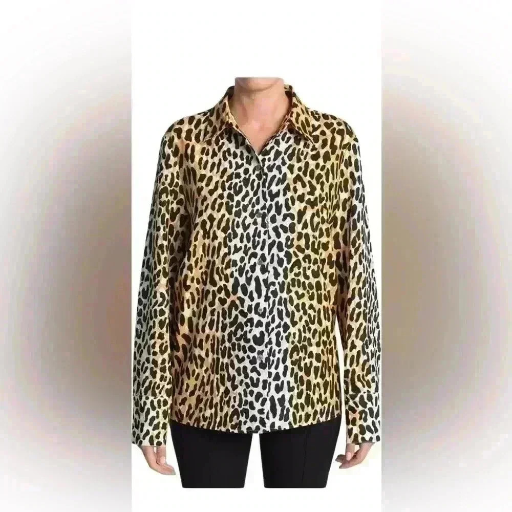 New St. John Beige Black Goldenrod multi Animal Print Top Blouse